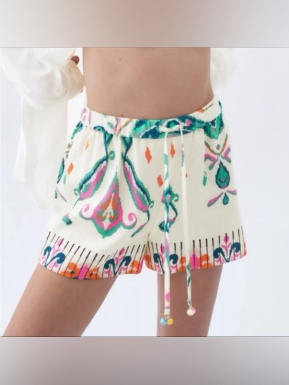 Zara Linen Blend Boho Green Leaf Print Drawstring Shorts NWT Womens Sz. S